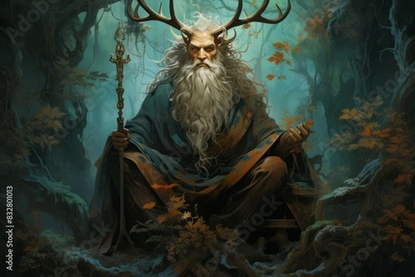 Fototapeta A wise and ancient druid, attuned to nature and capable of transforming into beasts. - Generative AI