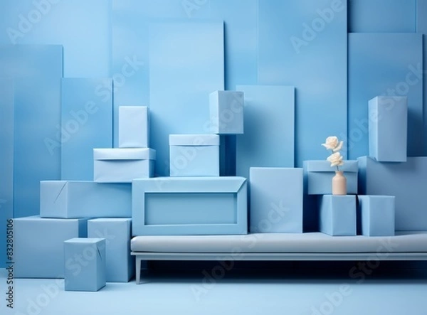 Fototapeta Blue wall with gift boxes