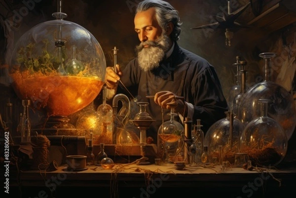 Fototapeta A master of alchemy and potion-making, concocting potent brews with mystical effects. - Generative AI