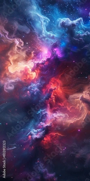 Fototapeta This image captures a vibrant nebula with swirling clouds of gas and dust in shades of blue, purple, pink, and orange, illuminated by distant stars, set against the dark backdrop of deep space.