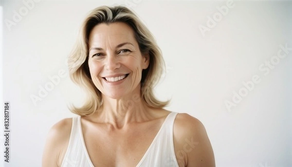 Fototapeta Portrait of a smiling and attractive middle-aged woman standing against white background
