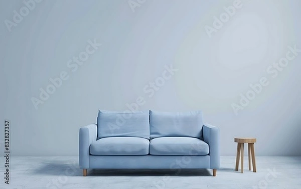 Fototapeta Light blue sofa and side table against empty wall in a living room interior mockup
