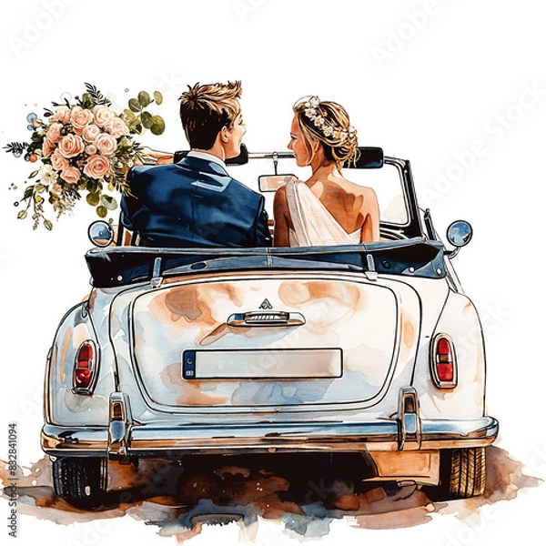 Fototapeta bride and groom in car