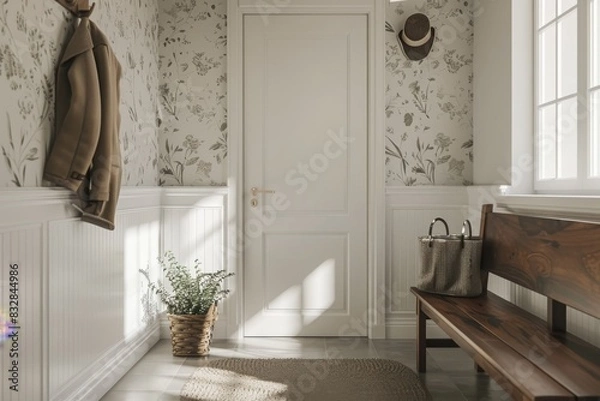 Obraz Scandinavian hallway with mock up in white and dark tones. Coat rack with wooden bench. Glass, wallpaper, and the front door of a farmhouse. Generative Ai