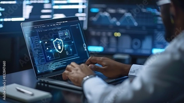 Fototapeta African American man working on laptop in dark room with digital shield on screen