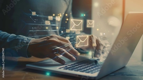 Obraz Businessman using laptop computer sending email.