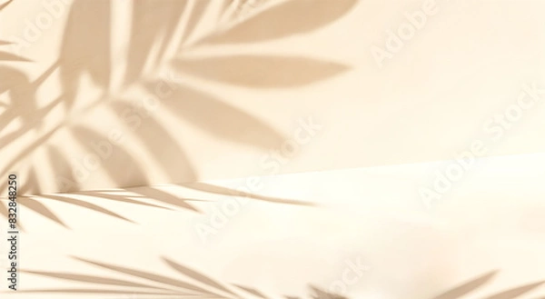 Fototapeta Minimal Background with Tropical Leaf Shadows. Neutral Beige Display Podium. Summer Product Mockup Concept.