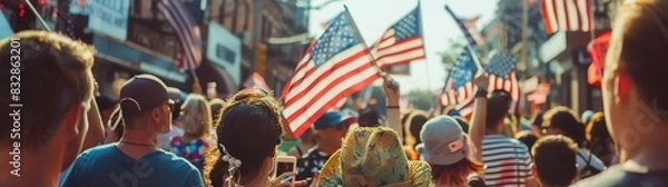 Obraz A crowd of people holding American flags in the street during a 4th of July parade, an American flag waving in the background on a sunny day, independence day