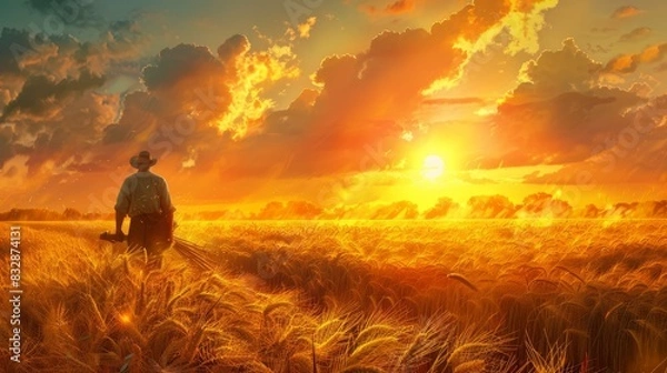 Obraz A photorealistic portrayal captures the essence of hard work. A sun-drenched farmer, their brow glistening with sweat, diligently gathers bundles of golden wheat