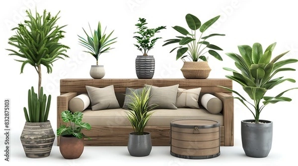 Fototapeta Set of indoor plants in pots and a wooden chest with a sofa isolated on a white background, depicted in detail