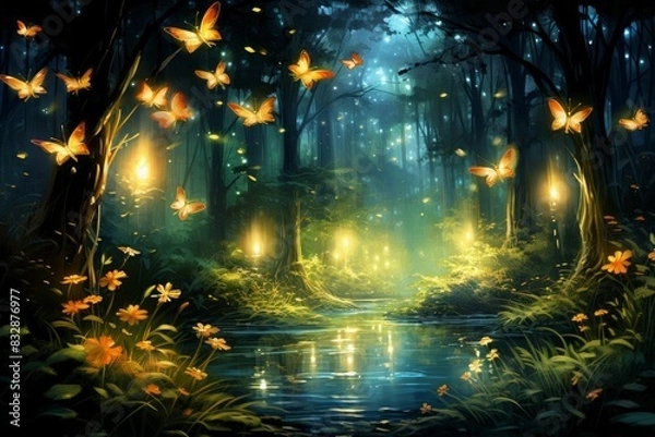 Fototapeta Fireflies - Generative AI