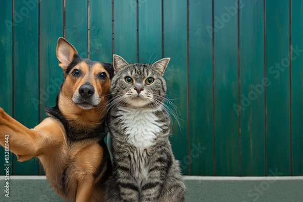 Obraz Dog and cat together, dog with paw extended, taking a selfie with his best friend. Friendship concept. Copy space on right.