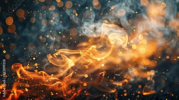 Fototapeta Fire and smoke background, gold and dark colours, environmental pollution concept, global warming, banner