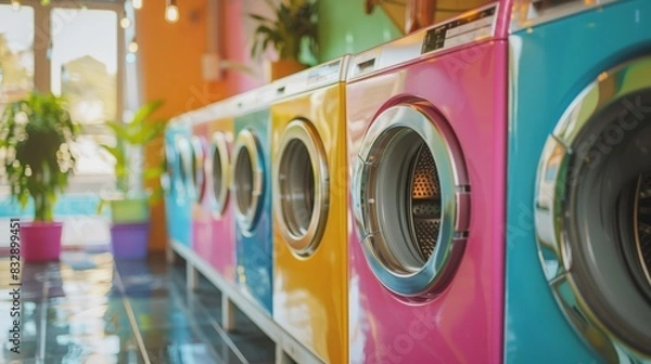 Fototapeta Coin operated washing machine businessA laundromat with free Wi-Fi and coin-operated washing machines.