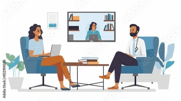 Fototapeta Online Mental Health Therapy Session: Illustrate a virtual mental health therapy session with a therapist and a patient, emphasizing a supportive and confidential environment.