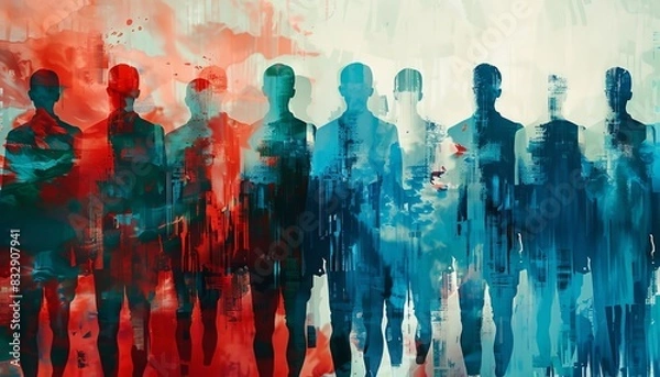 Fototapeta Abstract silhouettes of people painted with a blend of vibrant red and blue colors, creating a dynamic and enigmatic visual effect.
