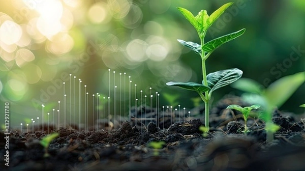 Fototapeta Green seedling with a bar chart overlay showing progress and financial growth
