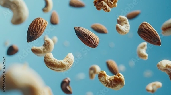 Fototapeta Various nuts, almonds, walnuts, and cashews, suspended in mid-air
