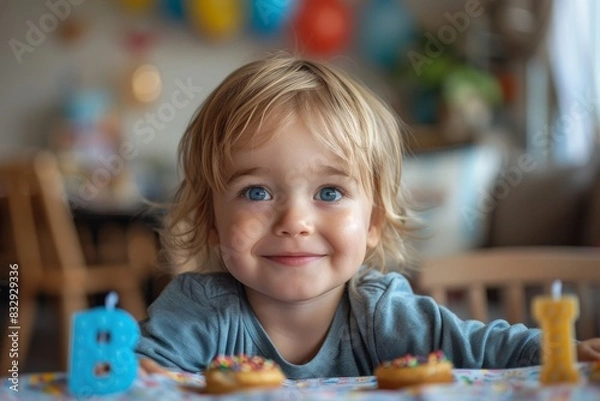 Fototapeta A toddler boy with sparkling blue eyes sits adorably in front of his birthday treats