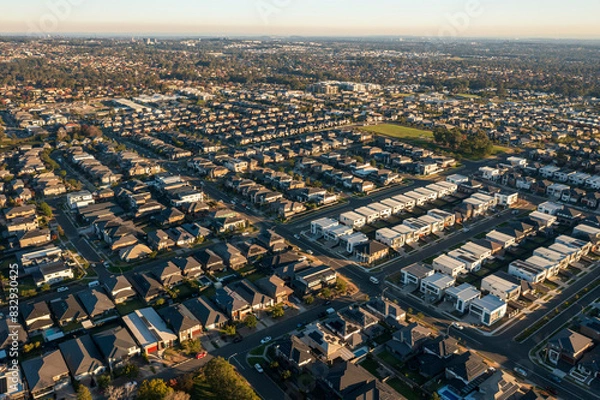Obraz Wide aerial view of streets with similar sized modern Australian homes in Sydney's increasingly sprawling outer suburbs