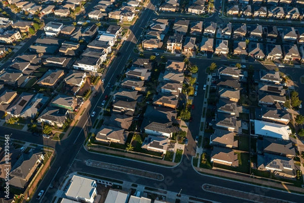 Obraz Late afternoon aerial view of streets lined with similar sized modern Australian brick veneer homes in the outer suburbs of Sydney, Australia.