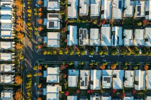 Obraz Top town aerial view of streets with autumn colours lined with modern Australian homes in Sydney's outer suburbs