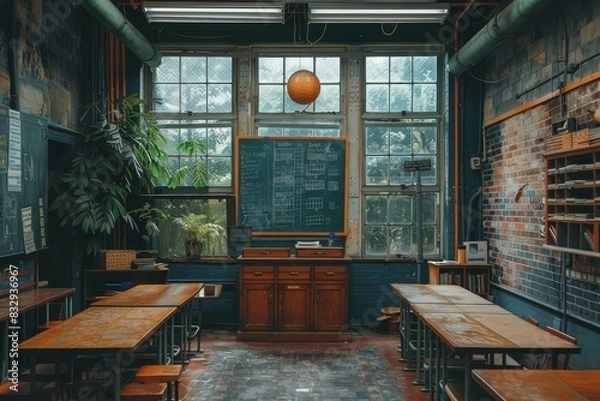 Fototapeta A vintage industrial-style classroom with desks, large windows, and a chalkboard filled with writing