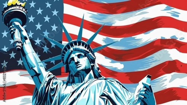 Obraz Vibrant illustration of the Statue of Liberty with an American flag in the background, detailed, close up view with bold colors, flat design style with high contrast, Independence Day