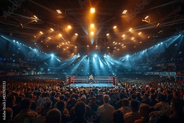 Fototapeta A large crowd watches a boxing match in an illuminated arena with a ring at the center