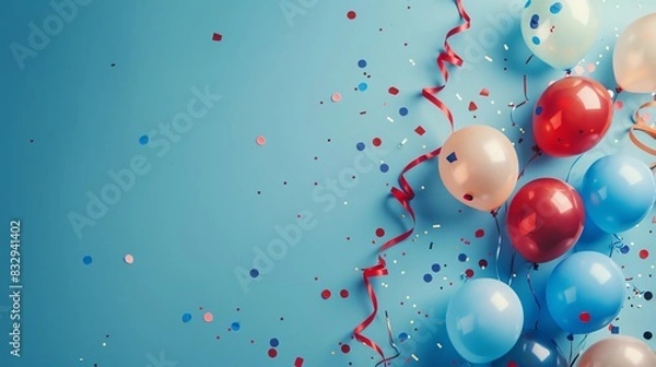 Fototapeta Photo of a blue background with balloons and streamers for a USA patriotic celebration