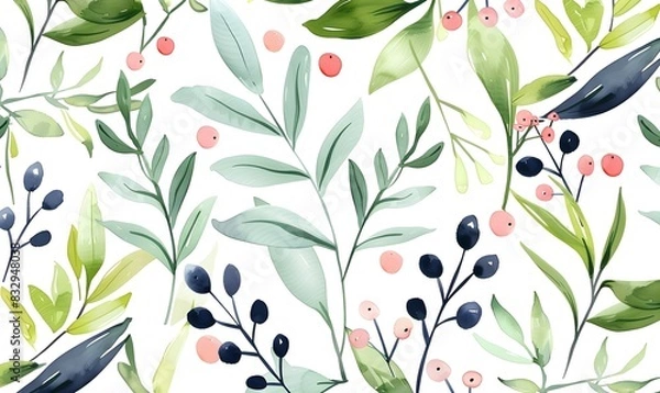 Obraz Watercolor Floral Seamless Pattern with Delicate Leaves and Berries, Generative AI