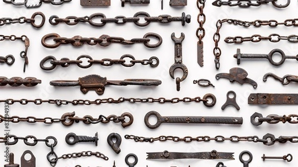 Fototapeta An intricate seamless pattern of hardware elements like chains, hooks, and metal plates, illustrated and aligned in rows at a 45-degree angle on a white background
