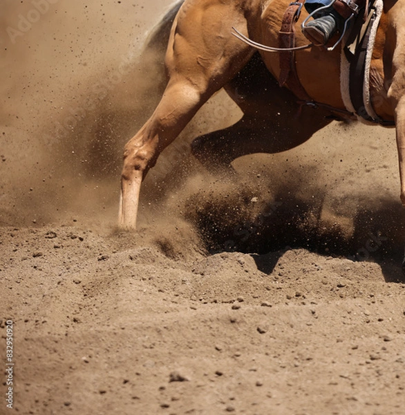 Obraz An action photo of a  horse sliding in the dirt.