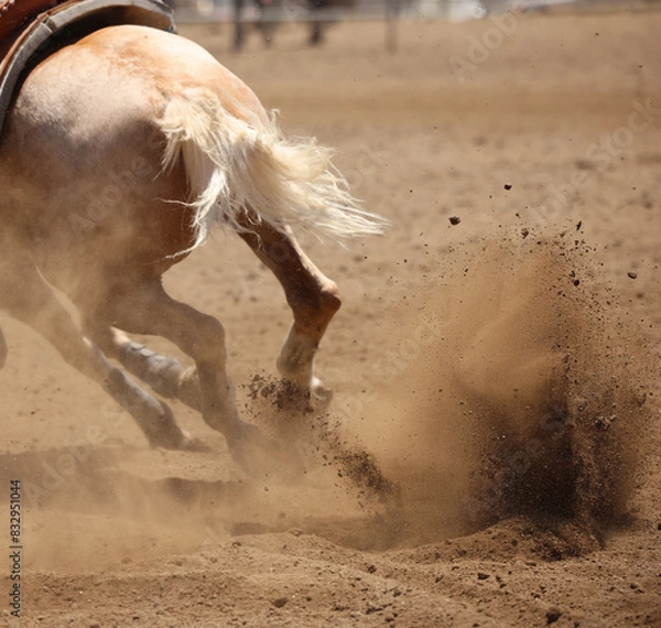 Obraz A horse kicking up dirt in a large format with room for text.