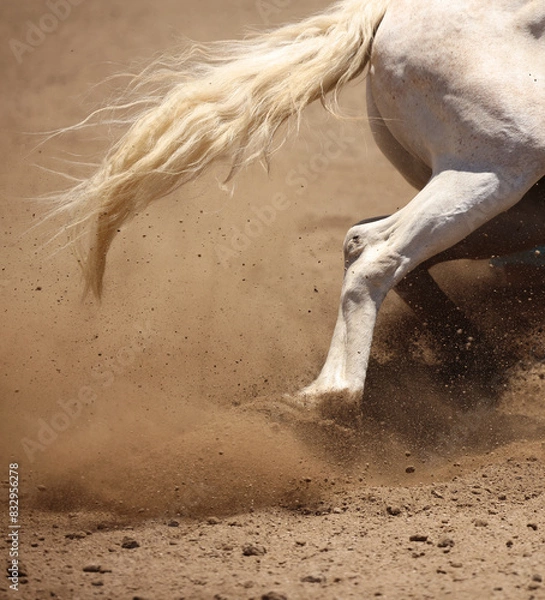 Obraz A close up action photograph of a horse running and sliding in the dirt showing mainly his tail, hip and leg.