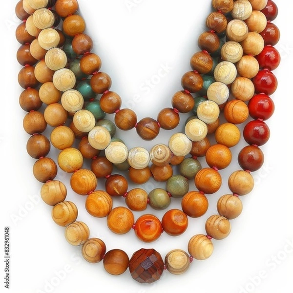 Fototapeta Colorful wooden bead necklaces on a white background. Ideal for fashion, accessories, craft, and design concepts.