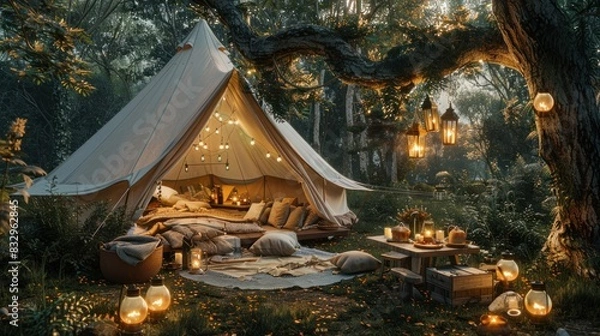 Fototapeta A luxurious glamping setup is nestled in a magical, fairy-tale-like forest, with soft, diffused light streaming through the canopy.