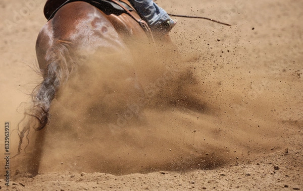 Obraz A racing horse showing the hip and a riders foot with mainly dirt flying everywhere.  Plenty of room for text.