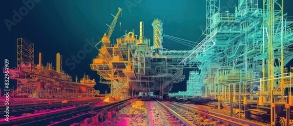 Fototapeta collage wallpaper of lidar point clouds of big industrial facilities on a ground level, amazing perspective and composition