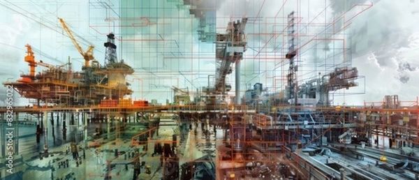 Fototapeta collage wallpaper of lidar point clouds of big industrial facilities on a ground level, amazing perspective and composition