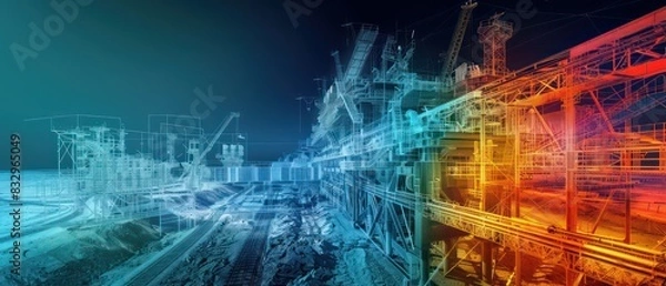 Fototapeta collage wallpaper of lidar point clouds of big industrial facilities on a ground level, amazing perspective and composition