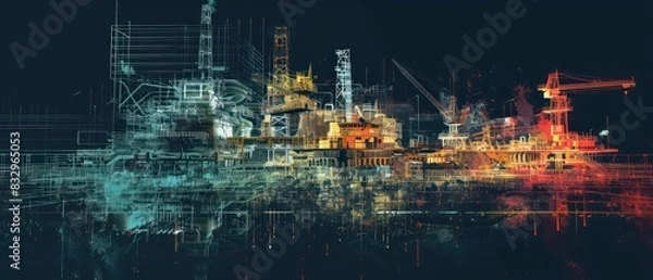 Fototapeta collage wallpaper of lidar point clouds of big industrial facilities on a ground level, amazing perspective and composition