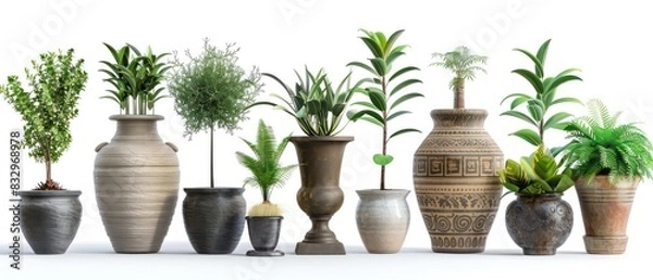 Fototapeta set of different vases with interior plants isolated on white background