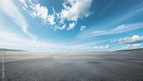 Fototapeta A wide shot of an empty asphalt floor with blue sky and clouds in the background.