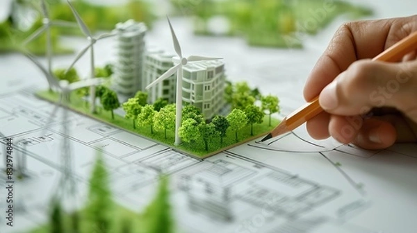 Fototapeta Discover sustainable architecture with our detailed plan drawing. Showcasing eco-friendly design, this image highlights innovative sustainability services for modern construction.