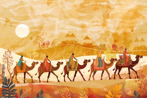 Obraz Traditional Mughal, camel caravan, vector style