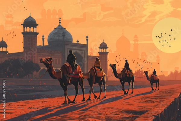 Obraz Traditional Mughal, camel caravan, vector style
