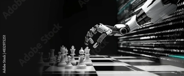 Fototapeta Digital art of a robot arm playing chess, in black and white with a digital background showing data streams on the right side