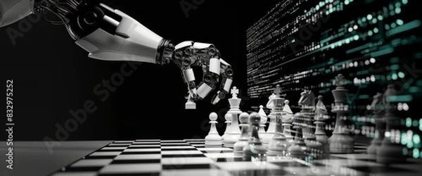 Fototapeta Digital art of a robot arm playing chess, in black and white with a digital background showing data streams on the right side