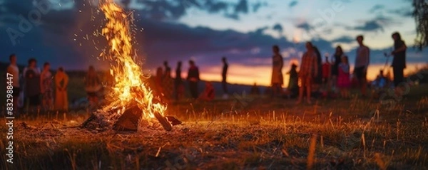Fototapeta Group of people enjoying a bonfire during sunset in an open field, with vibrant flames illuminating the scene.